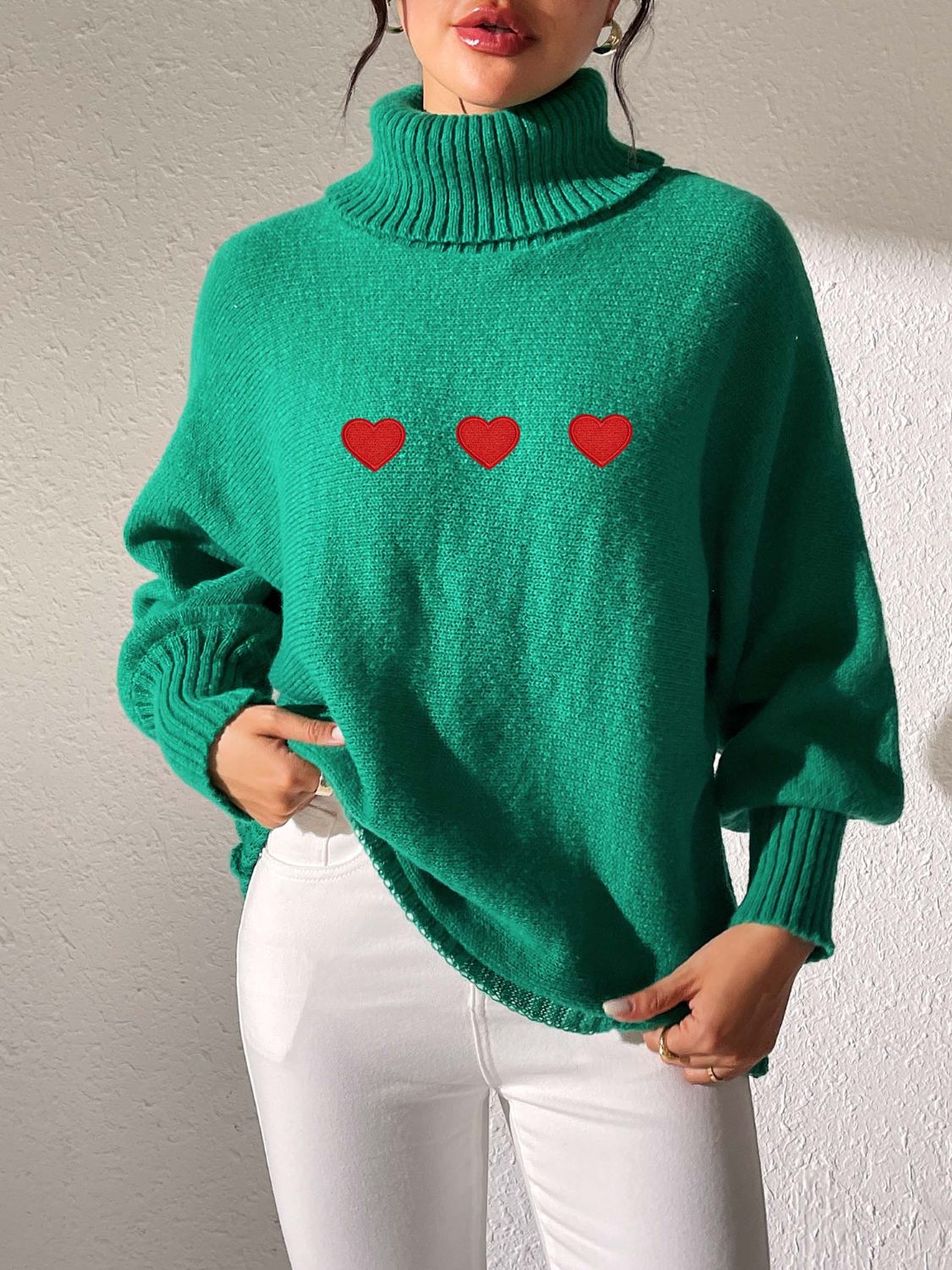 Heart Turtleneck Long Sleeve Sweater-Comfortable
