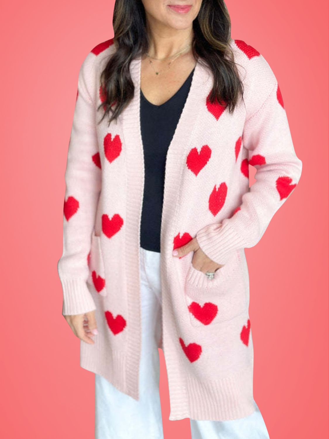 Heart Open Front Long Sleeve Cardigan Cozy