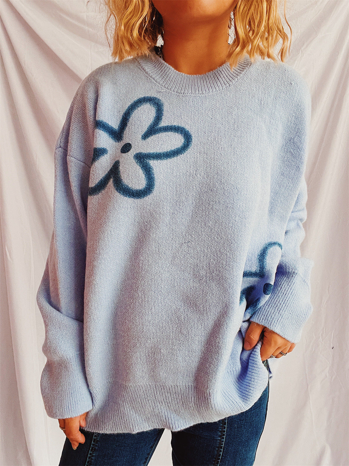 Flower Round Neck Long Sleeve Sweater Cozy
