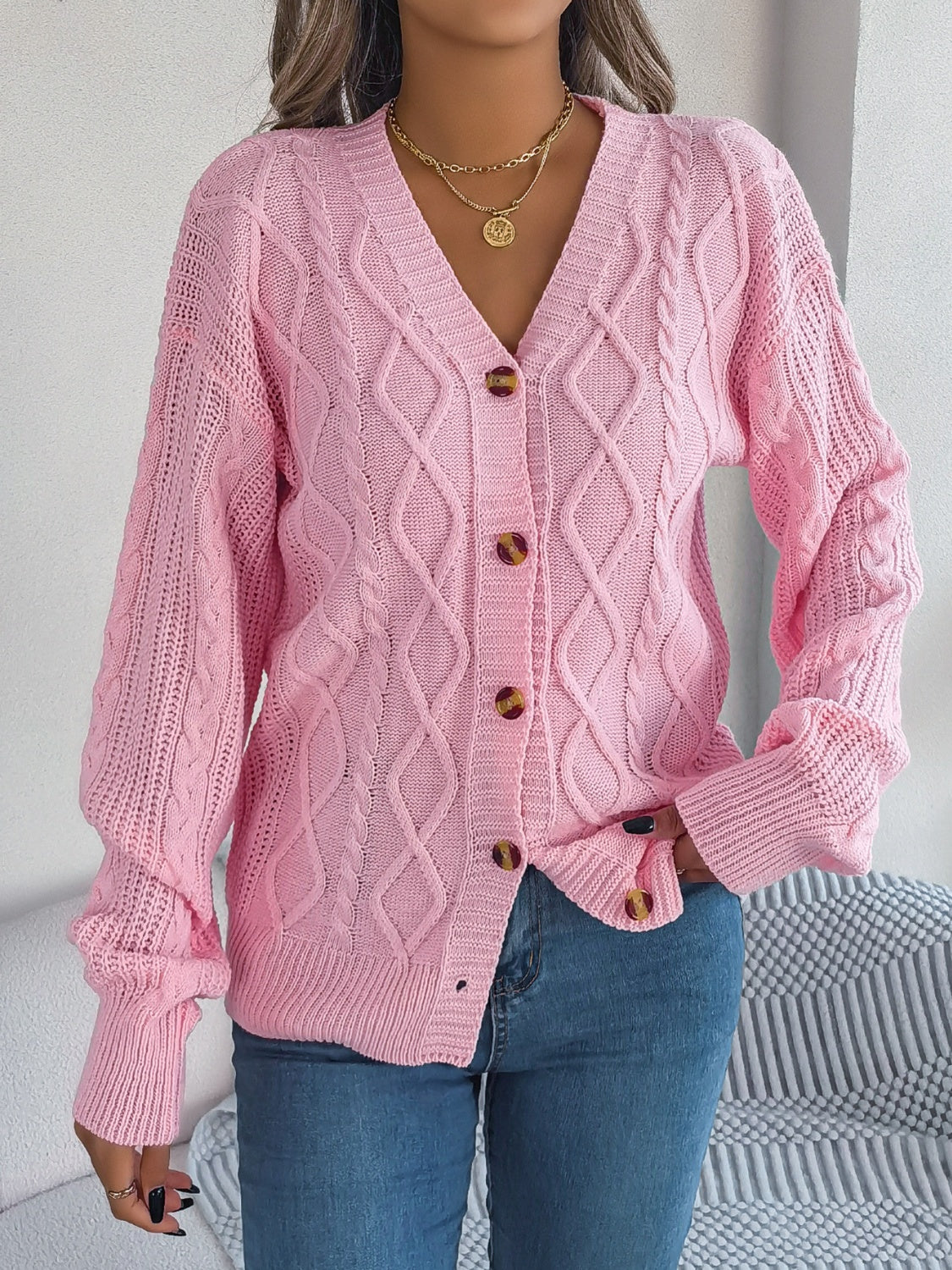 Cable-Knit Long Sleeve Cardigan - Stylish