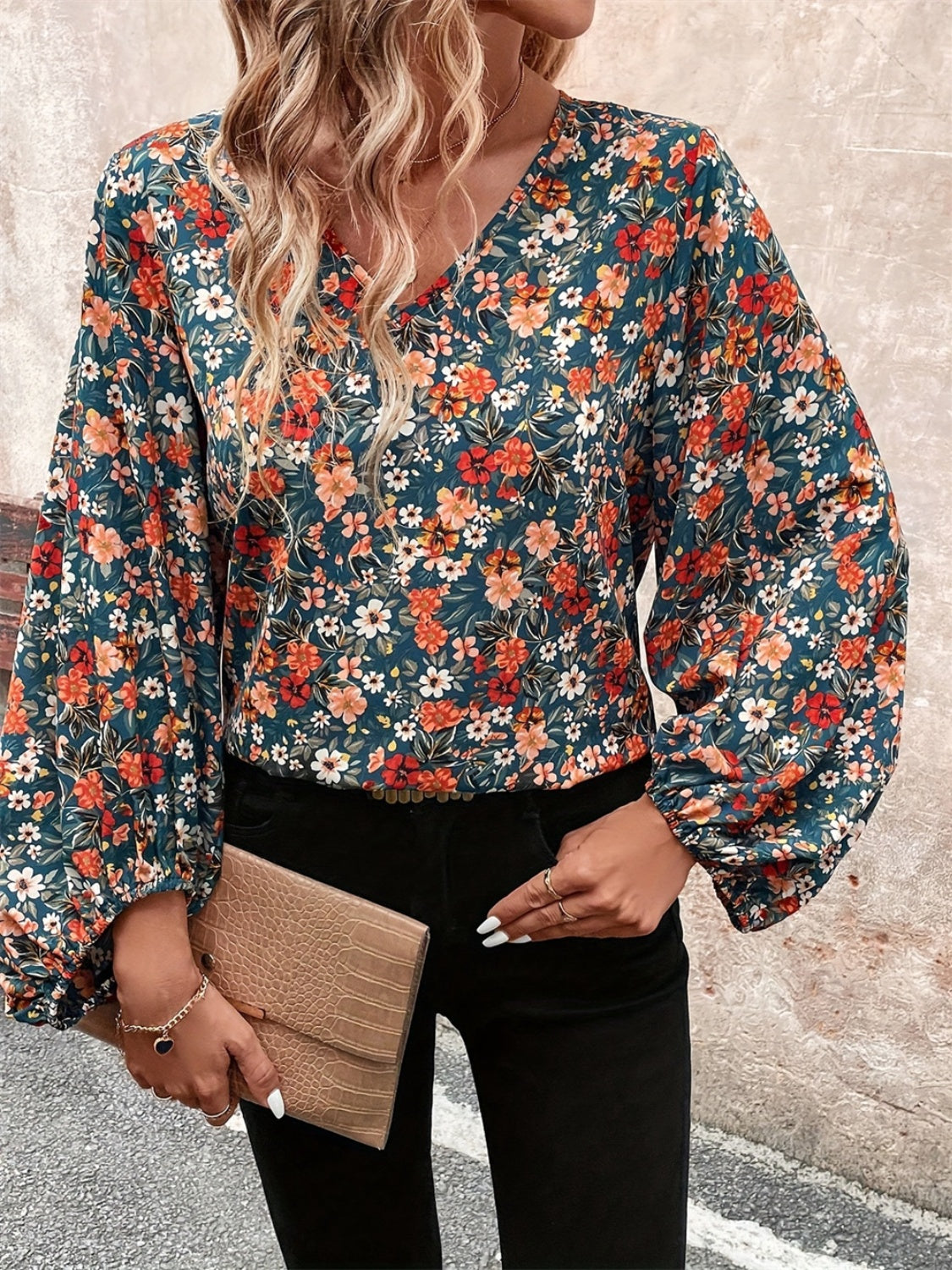 Printed V-Neck Balloon Sleeve Blouse Colorful