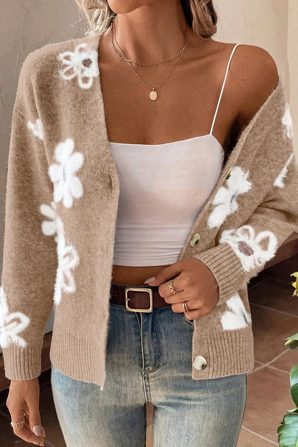 Flower Button Up Long Sleeve Cardigan-Versatile