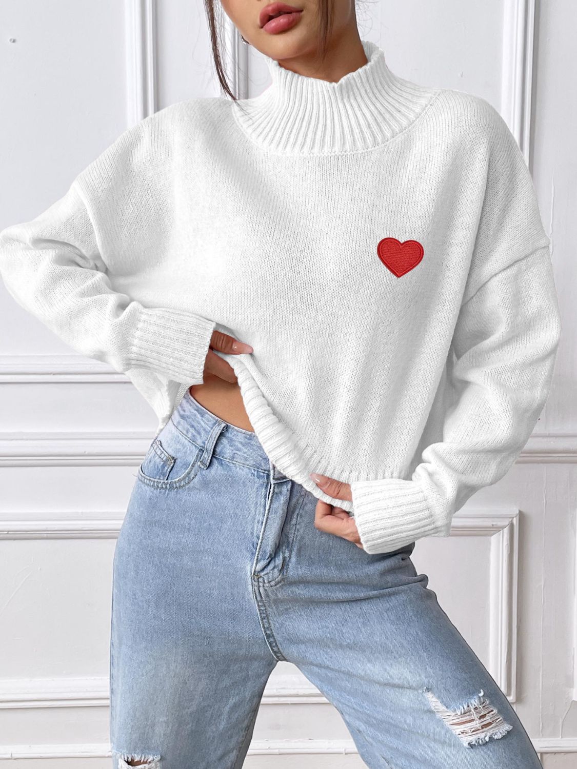 Heart Turtleneck Long Sleeve Sweater-Stylish