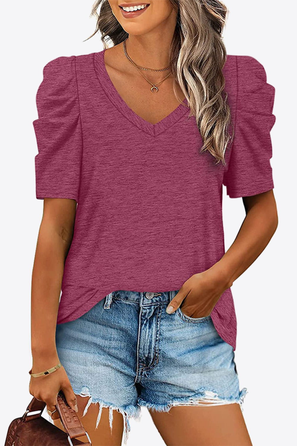 V-Neck Puff Sleeve Tee-Trendy-Comfortable