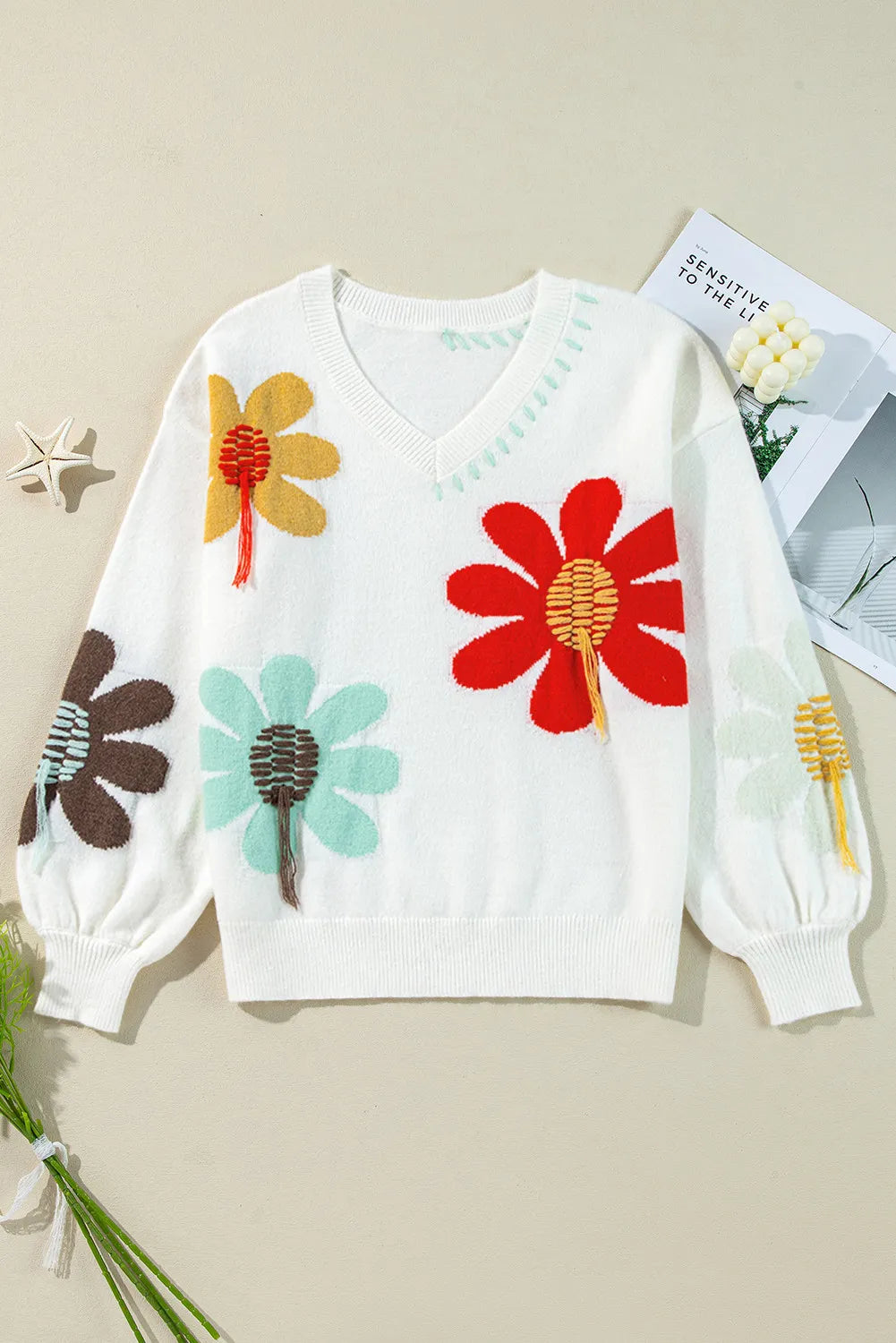 Flower V-Neck Dropped Shoulder Sweater Stylish