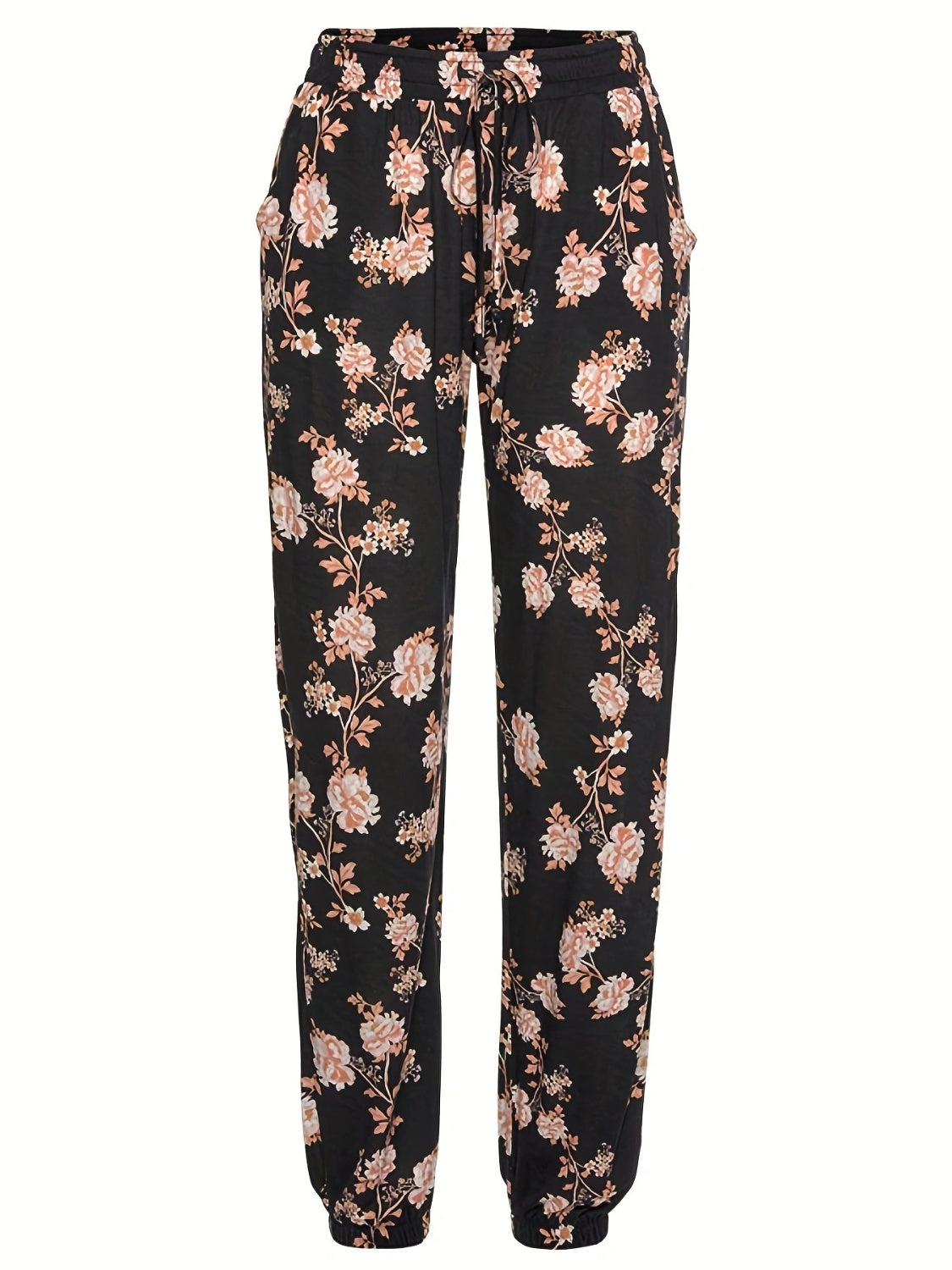 Drawstring Flower Pants with Pockets Casual