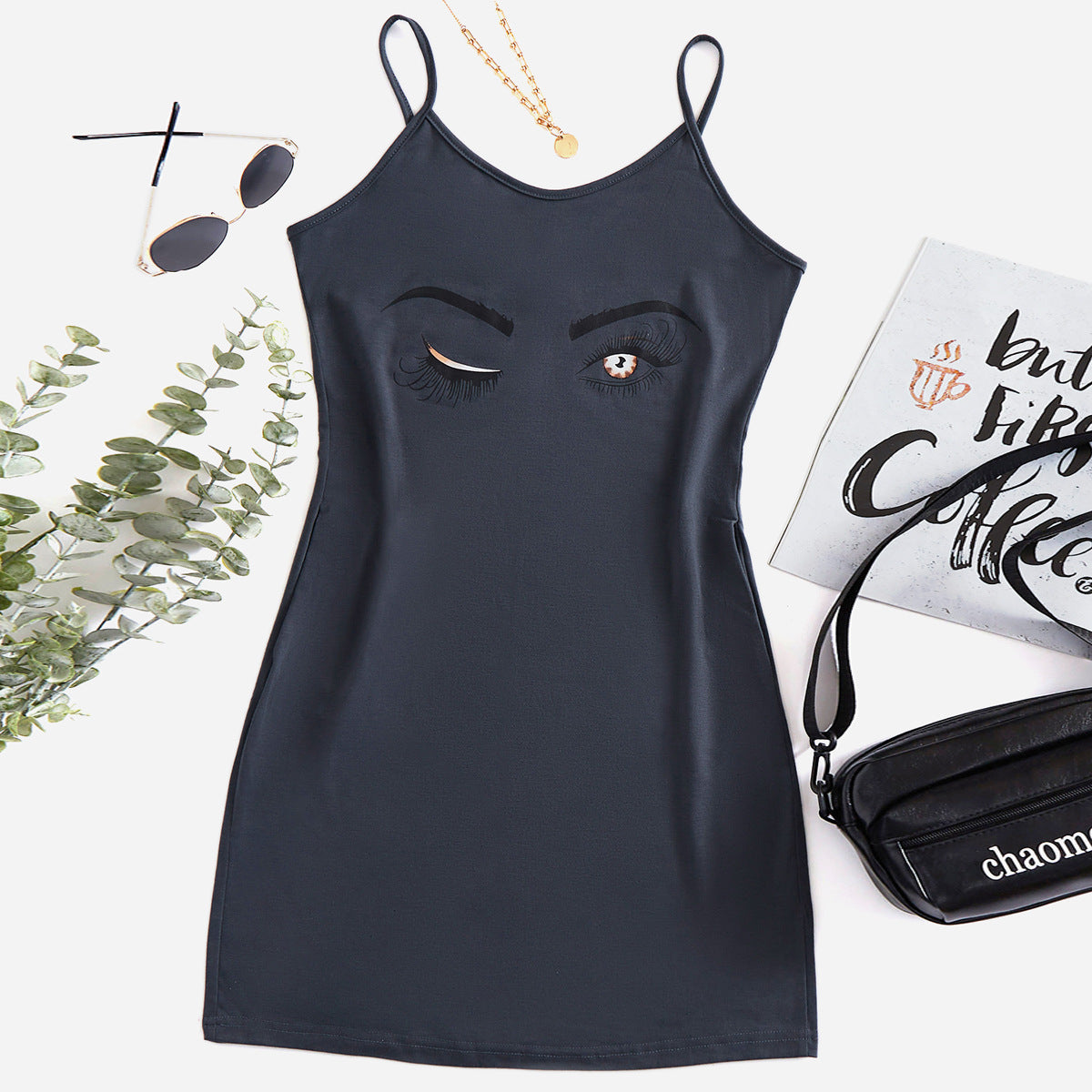 Graphic Scoop Neck Mini Cami Dress-Trendy-Fashion