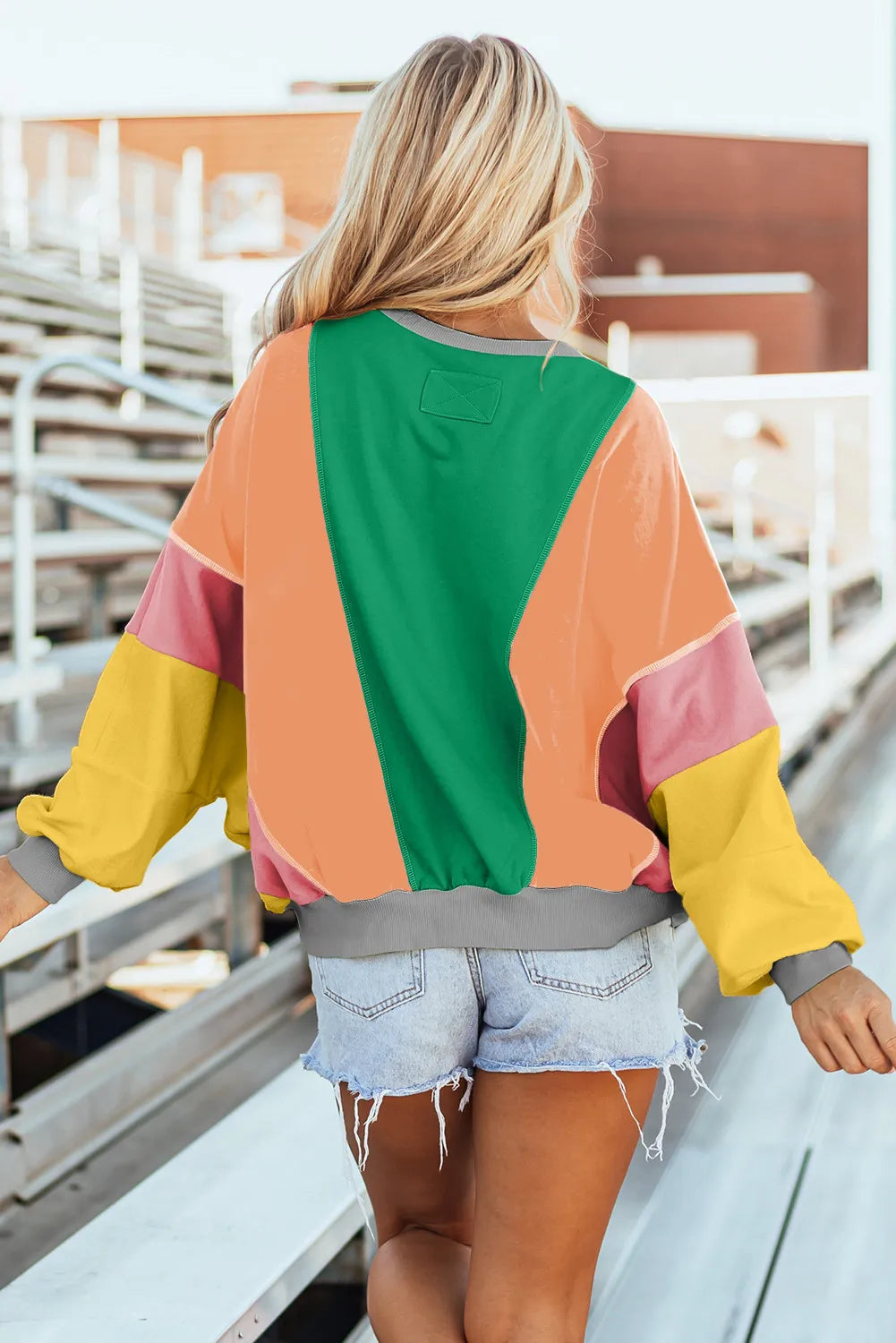 Color Block Round Neck Long Sleeve Top Trendy