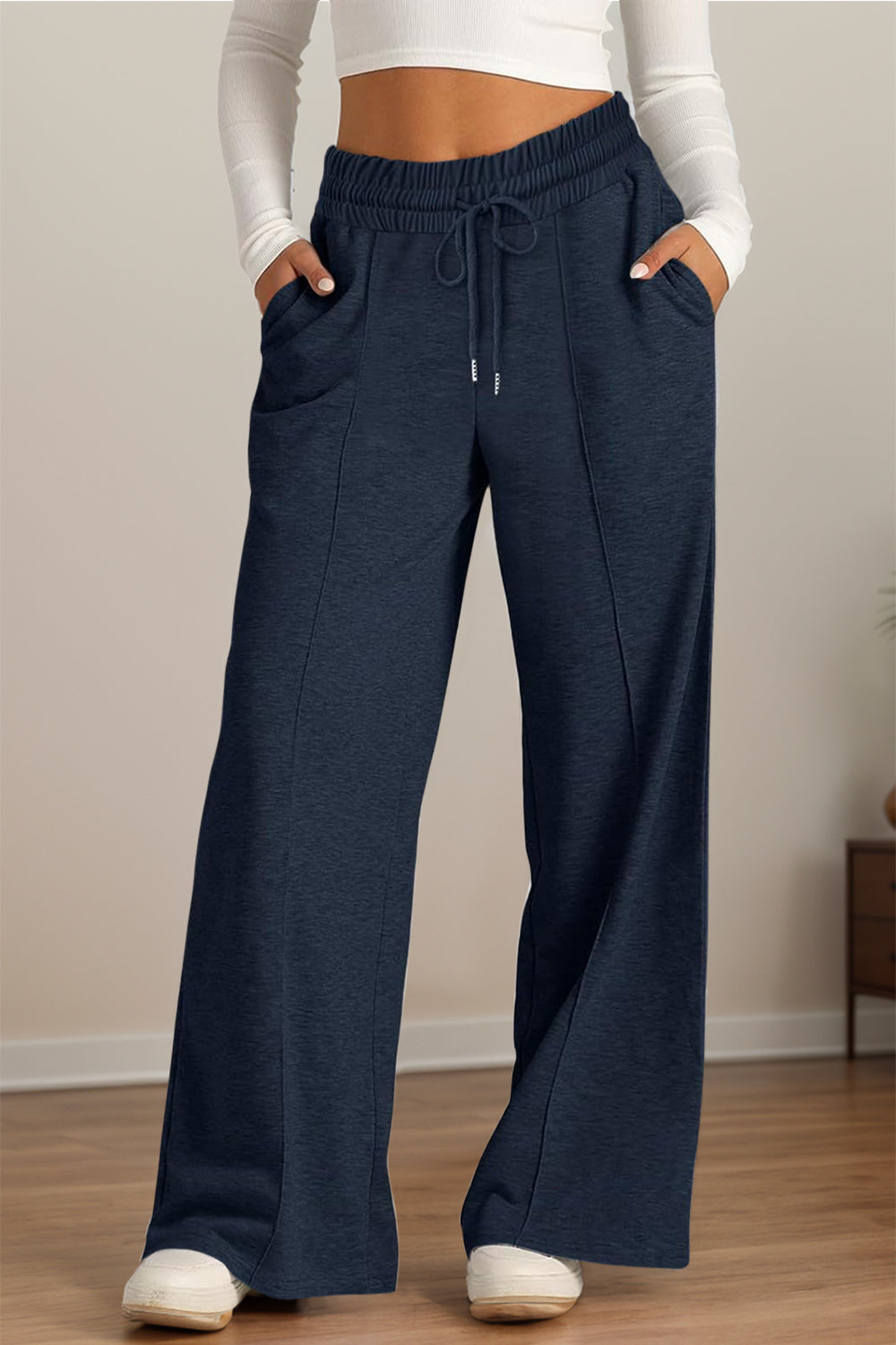 Drawstring Elastic Waist - Wide Leg Pants