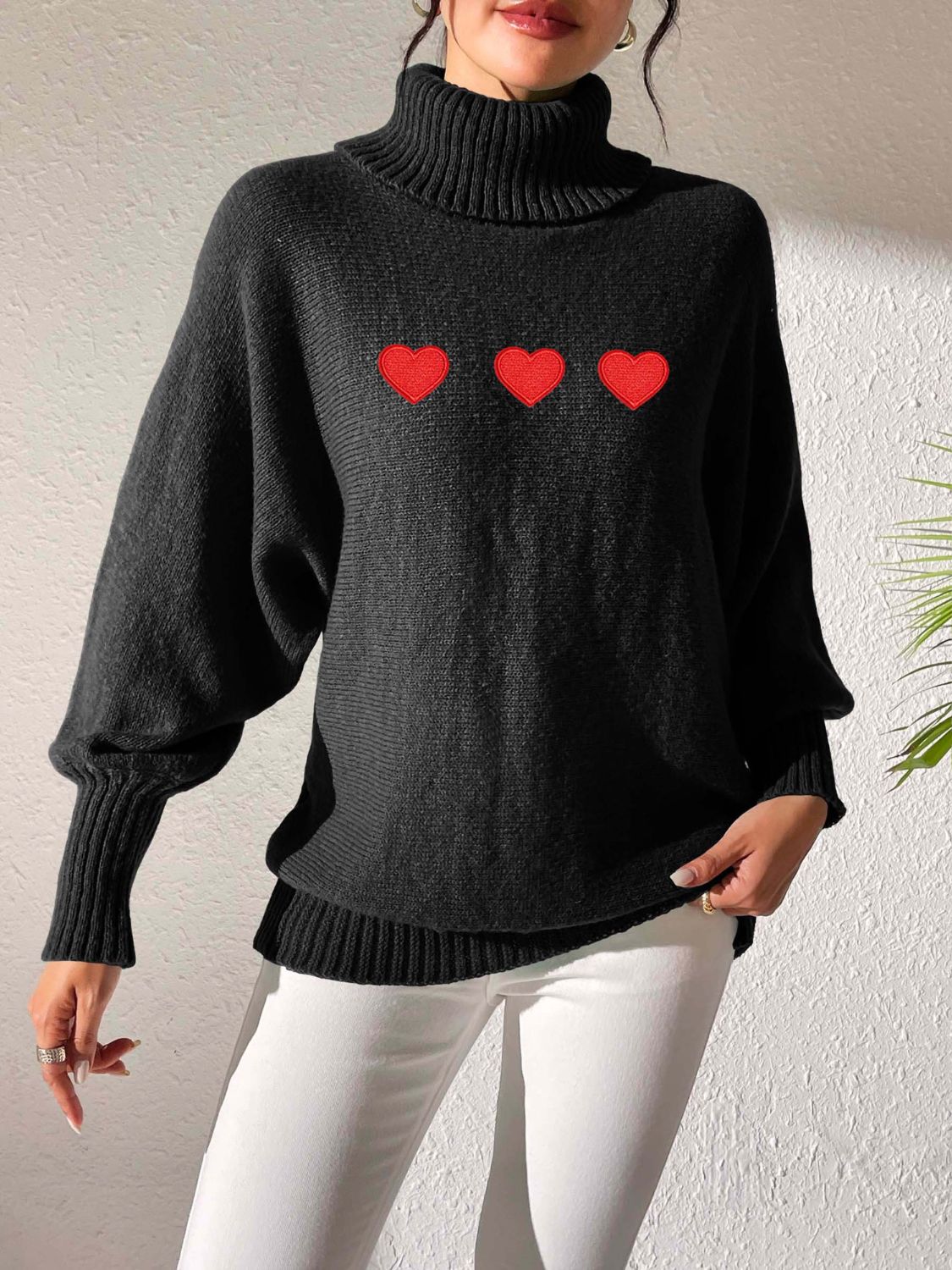 Heart Turtleneck Long Sleeve Sweater-Comfortable