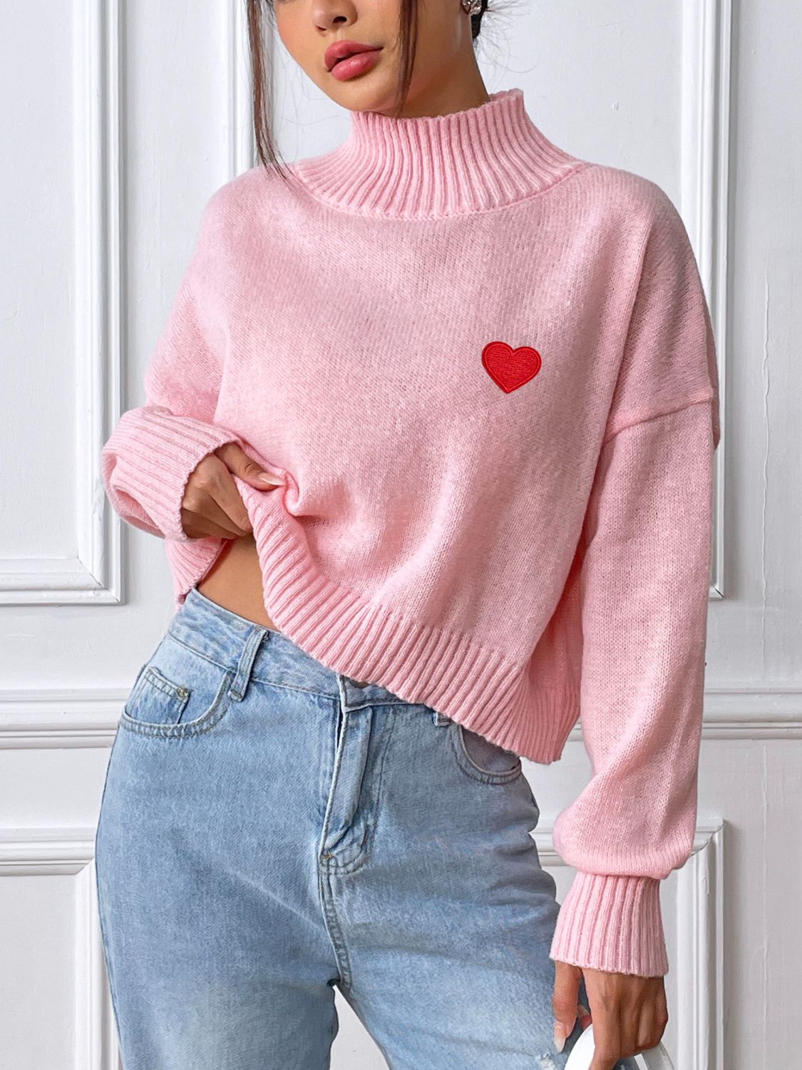 Heart Turtleneck Long Sleeve Sweater-Stylish