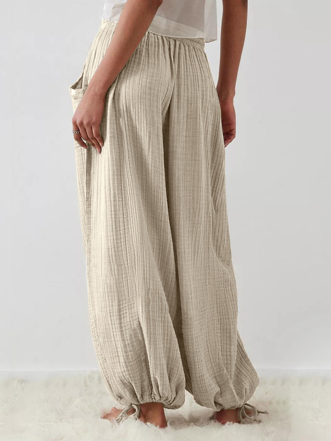 Textured Tied Pants with Pockets-Casual-Fashion
