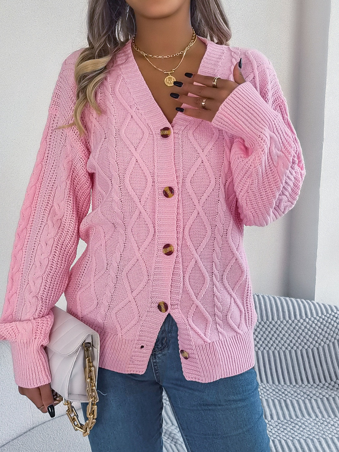 Cable-Knit Long Sleeve Cardigan - Stylish