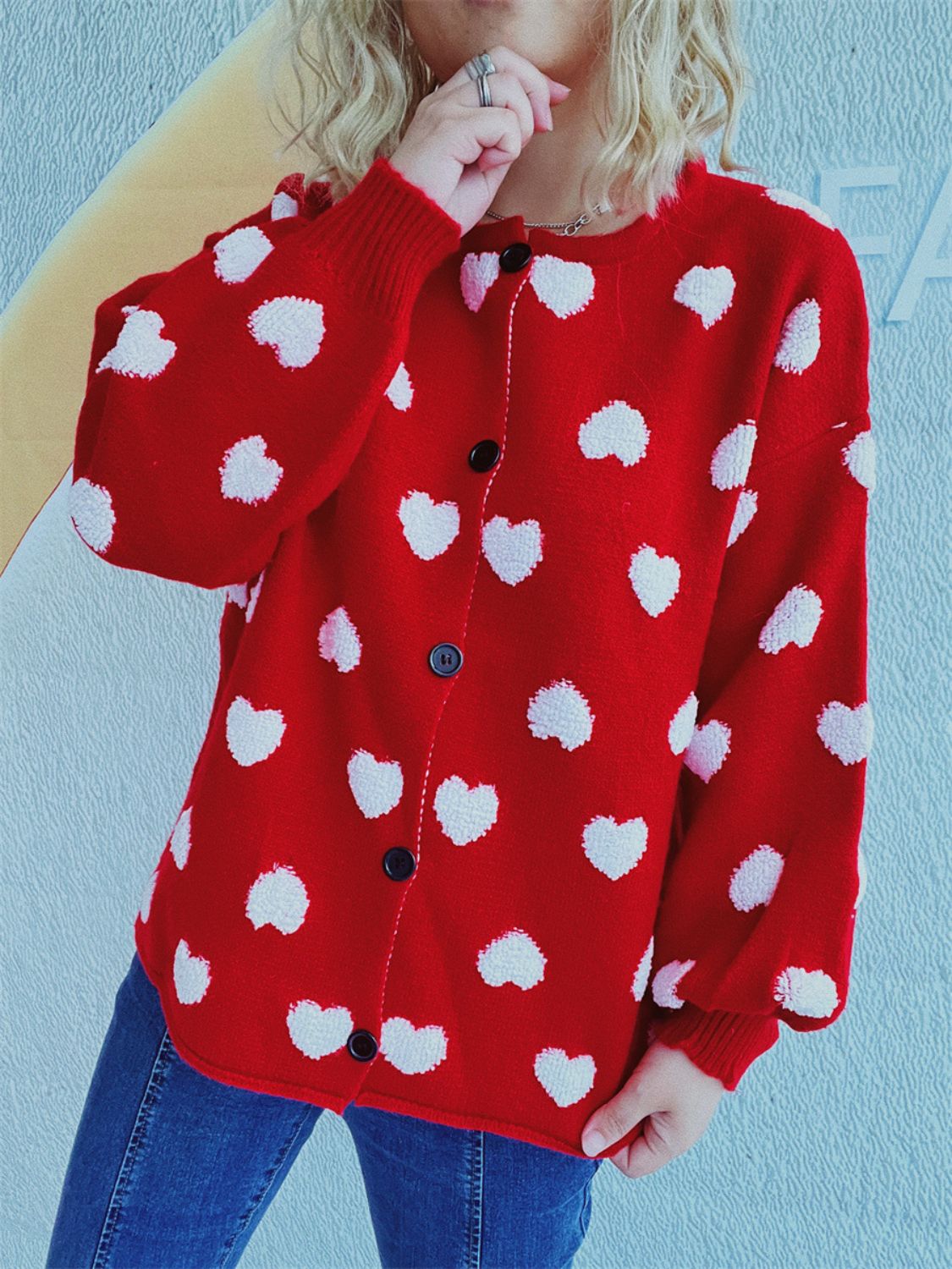 Heart Button Up Long Sleeve Cardigan-Comfortable
