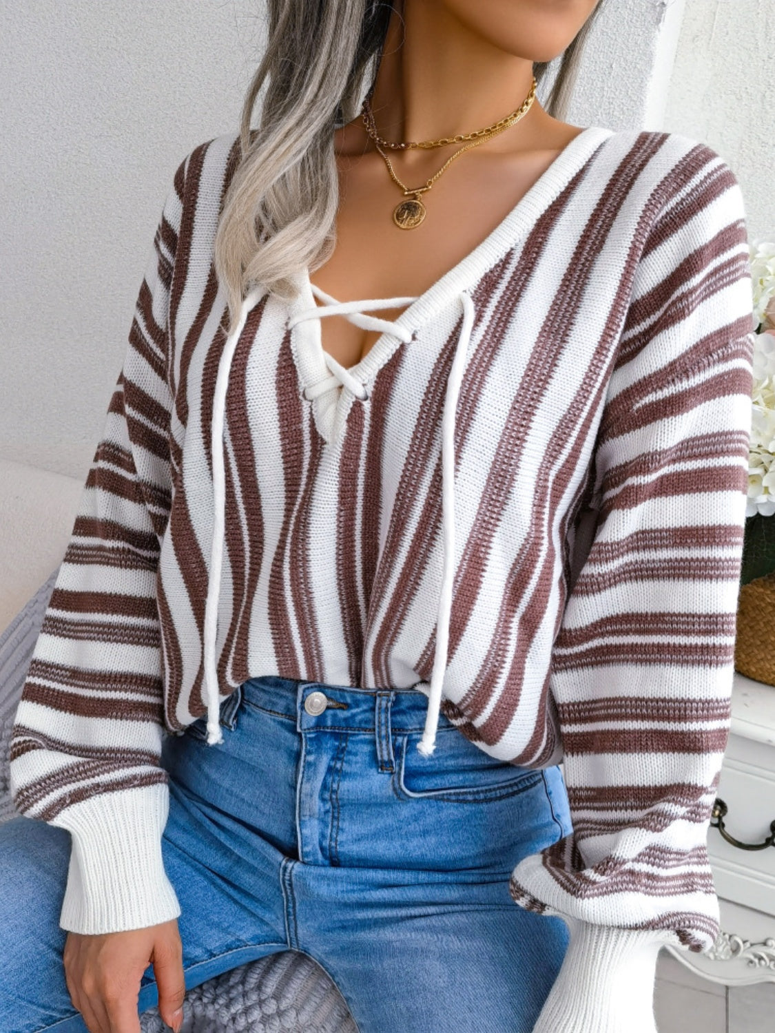 Striped Lace-Up Long Sleeve Sweater-Casual